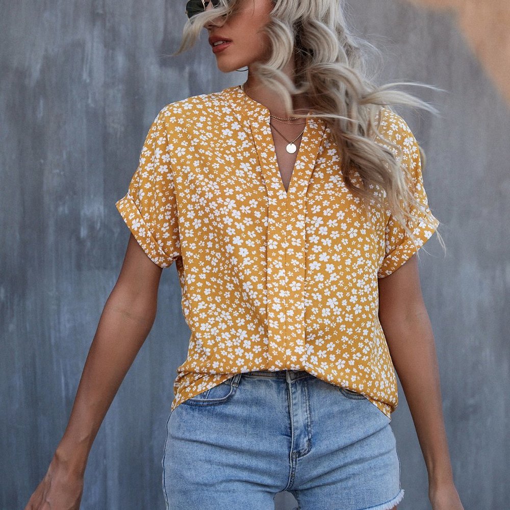 New Floral Print Batwing Sleeve Blouse Yellow - Picture 2 of 7